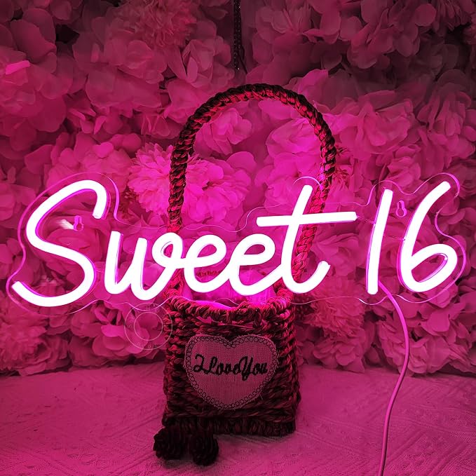SYLHOME Pink Sweet 16 LED Neon Light Sign Sweet Girls Adults Bedroom Happy 16th - Image 5