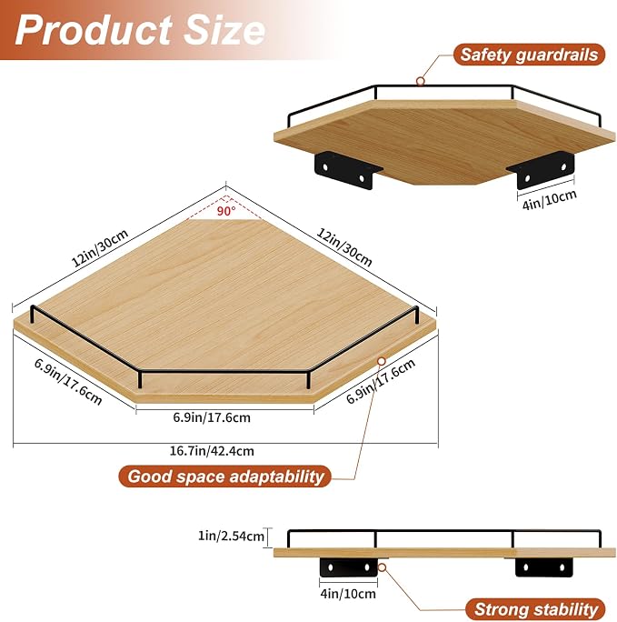 JJL Corner Shelf Wall Mounted, 12 Inches 3-Tier Floating Corner Shelf, Hexagon - Image 3