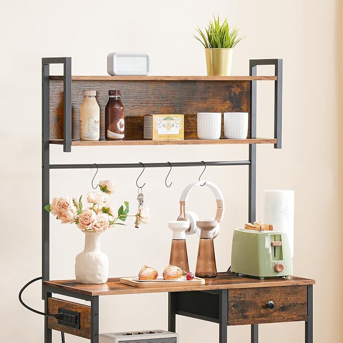HOOBRO Bakers Rack with 4 AC Power Outlets, 5-Tier Coffee Bar with Wire Basket - Image 5