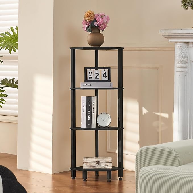 YUFAM 4-Tier Corner Shelf with Sturdy 5-Leg Base, Wooden Corner Bookshelf by YUFAM