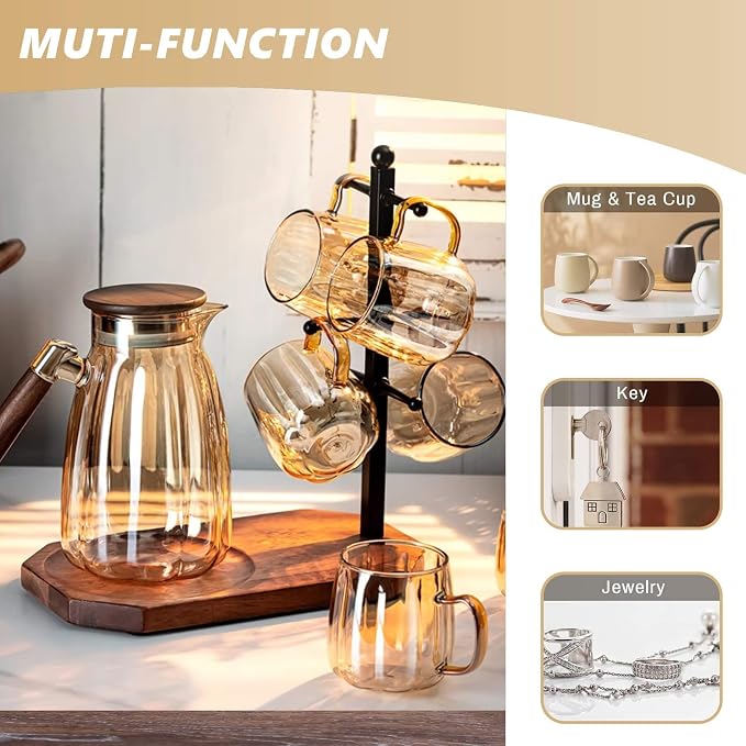 Mug Tree for Large Mugs With 6 Hooks and Coffee Pot Tray - Image 4