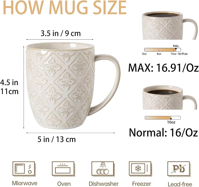 Coffee Mugs 16 Oz, Ceramic Coffee Mugs Set of 4, Large Embossment Cups - Image 4