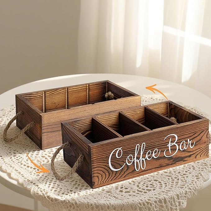 Coffee Station Organizer with Removable Dividers Rustic Bar Accessories Storage - Image 4