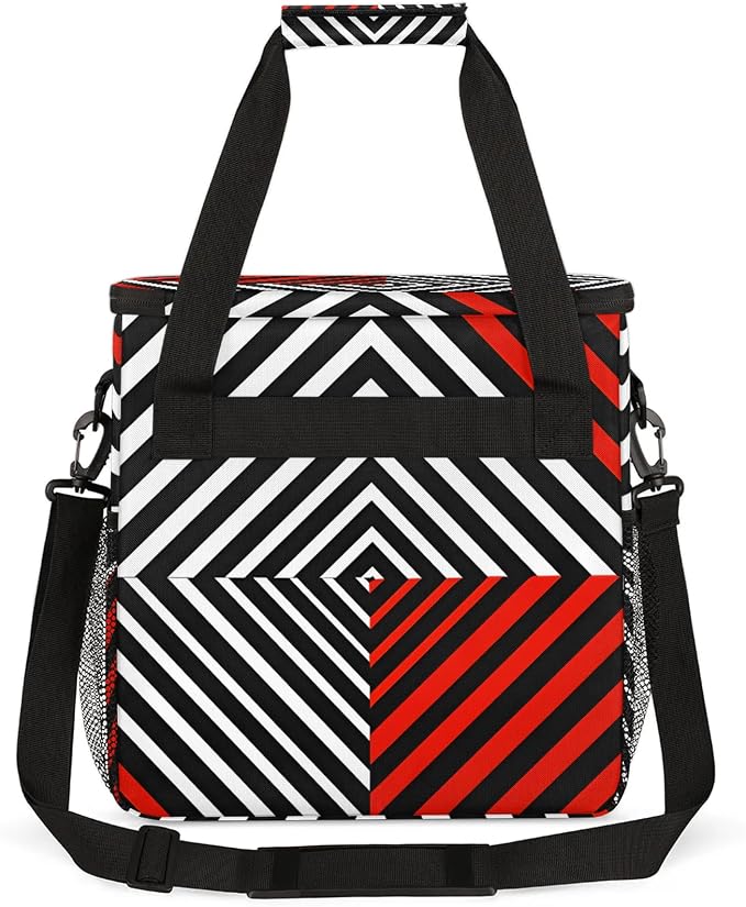 Black White and Red Coffee Maker Travel Bag, Striped Insulated Grocery Bag - Image 5