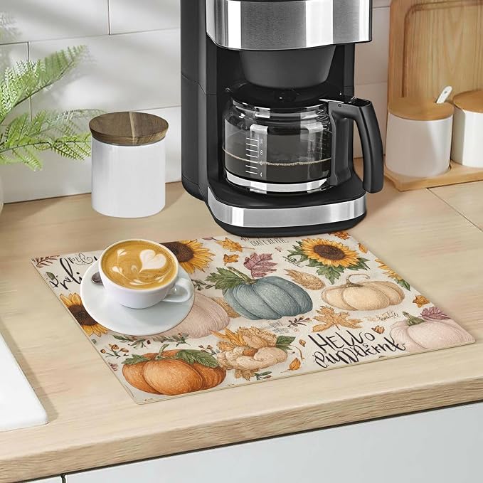 Beige Pumpkin and Sunflower Thanksgiving Coffee Mat Coffee Bar Maker Backed - Image 5