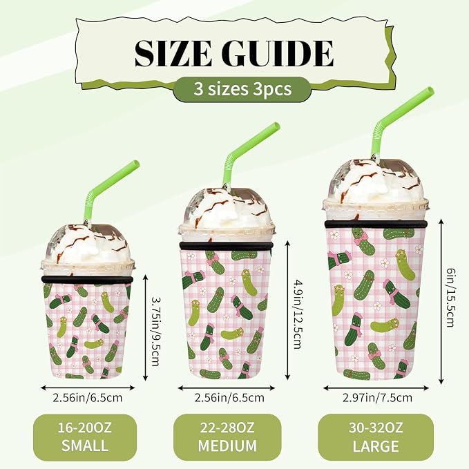 Funny Pickle Iced Coffee Cup Sleeve 3 Pack, Vegetable Lover Reusable Neoprene - Image 3
