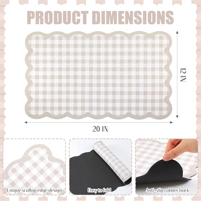 Scalloped Gingham Coffee Mat 12" x 20" Absorbent Coffee Bar Mat Brown Gingham - Image 3