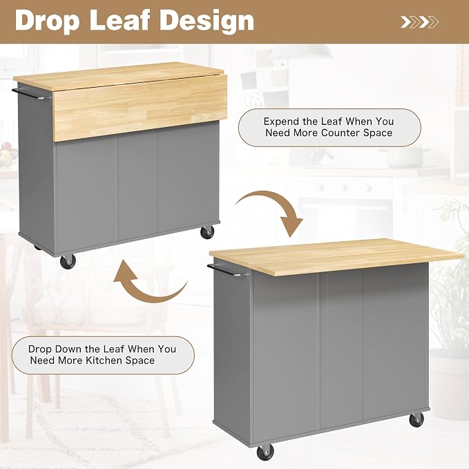 Shintenchi Kitchen Island with Folding Drop Leaf, Rolling Island Table with - Image 5