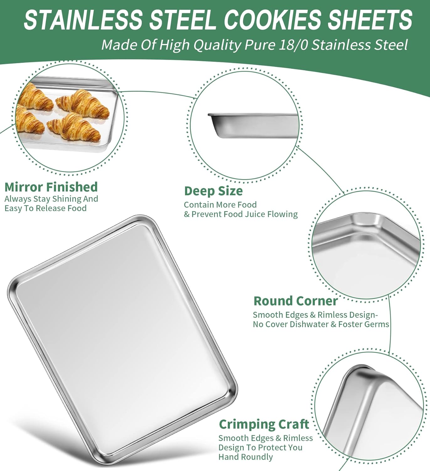 Baking Sheets Set of 2, HKJ Chef Cookie Sheets 2 Pieces & Stainless Steel Baking Pans & Toaster Oven Tray Pans, Rectangle Size 12.5Lx10Wx1H inch & Non Toxic & Healthy & Easy Clean