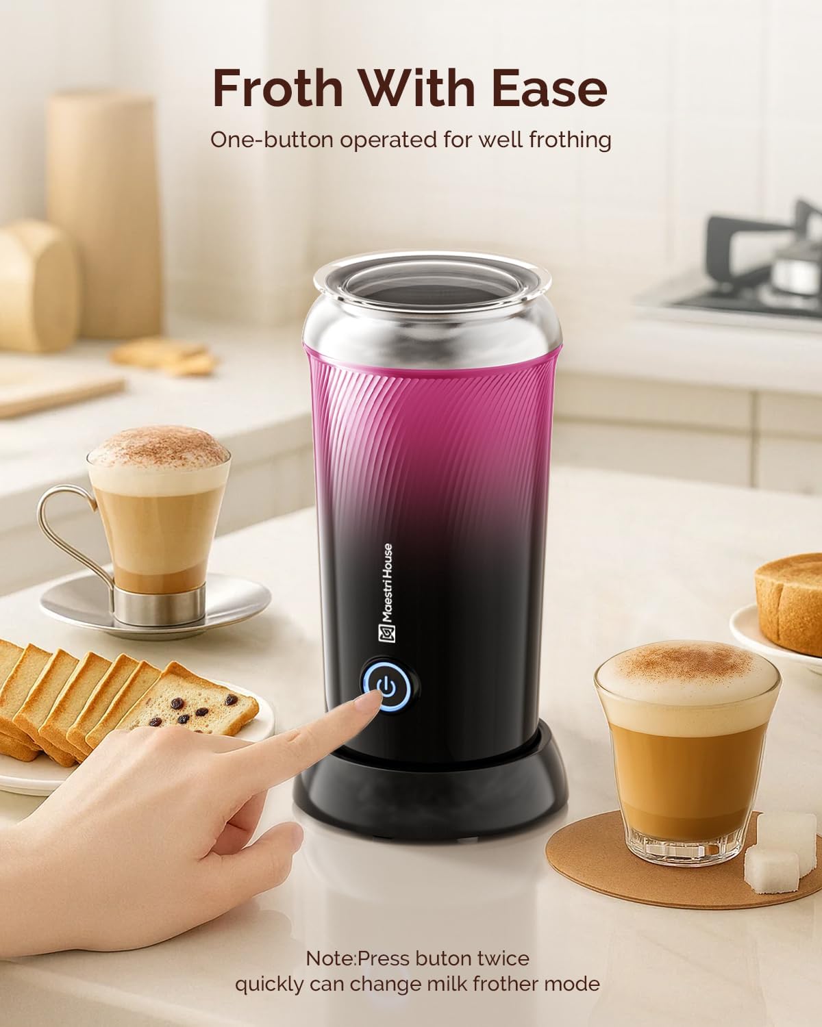 Maestri House Milk Frother, 3-in-1 Hot & Cold Mik Frothing Steamer, 8.12OZ/240ML Touch Control Foam Maker, Compact Space-saving Design for Latte, Cappuccino and Warm Milk