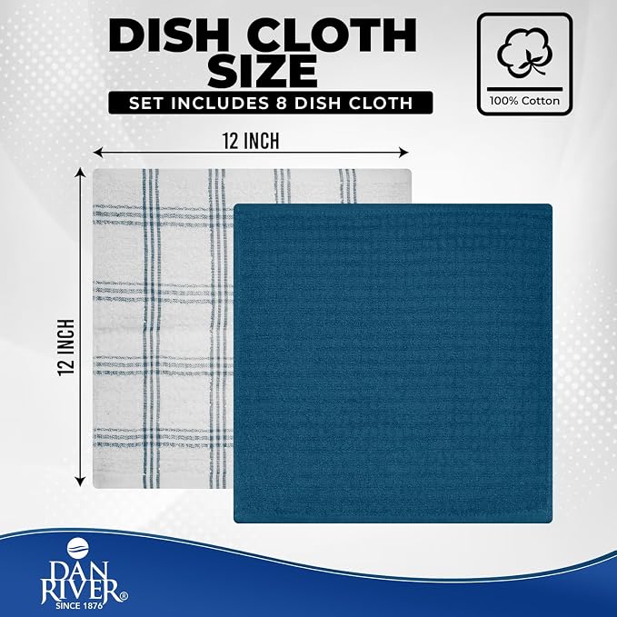 DAN RIVER Premium Dish Cloth 100% Cotton 12 X 12 Inches |Pack of 8|-Ultra Soft - Image 2