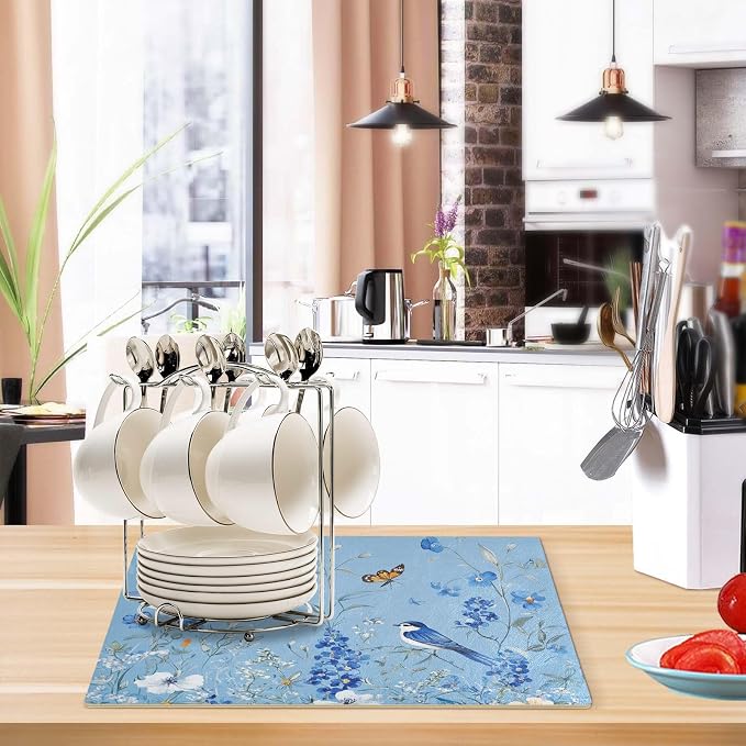 Light Blue Floral Bluebonnet Butterflies Coffee Mat Coffee Bar Maker Station - Image 5