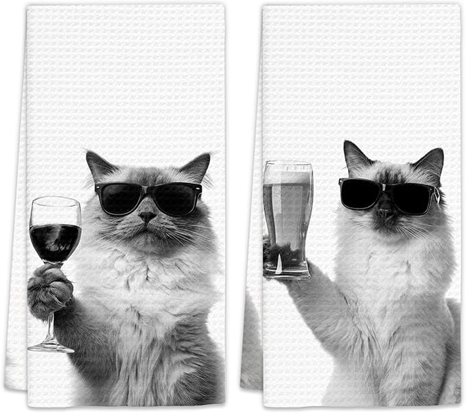 Ragdoll Cat Gifts Wine Kitchen Towels Set of 2, Funny Cats Beer Lover by FIicy