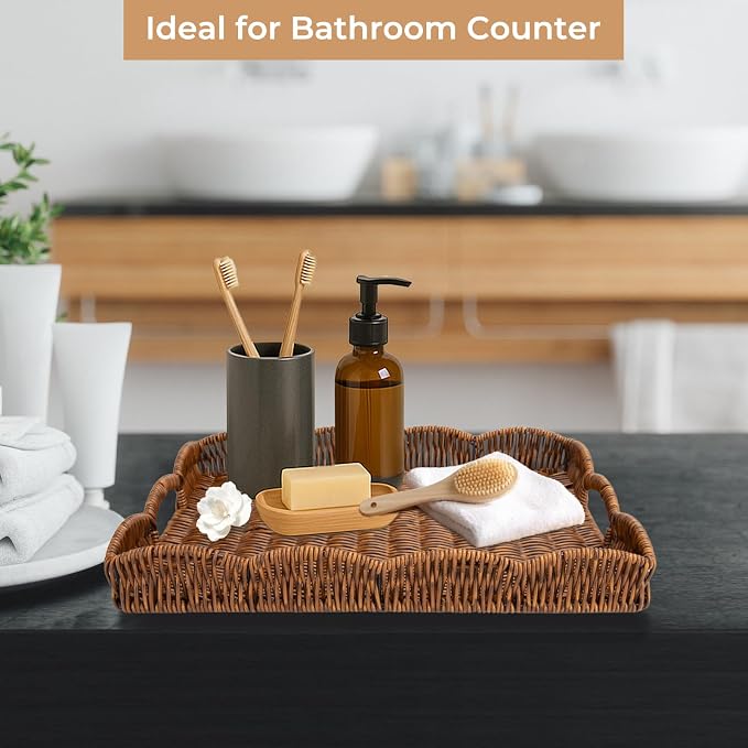 Rectangle Wicker Scalloped Tray, Hand Woven Synthetic Rattan Serving Tray - Image 4