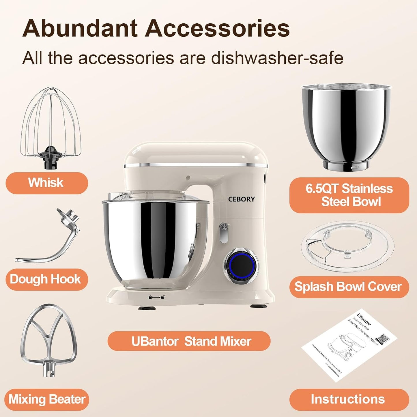 3-IN-1 Electric Stand Mixer, 6.5QT Bowl 660W 10-Speed Kitchen Mixer, Household Food Mixers include Dough Hook, Beater and Whisk, Bread Cake Mixer for Baking and Most Home Cooks, Almond Cream