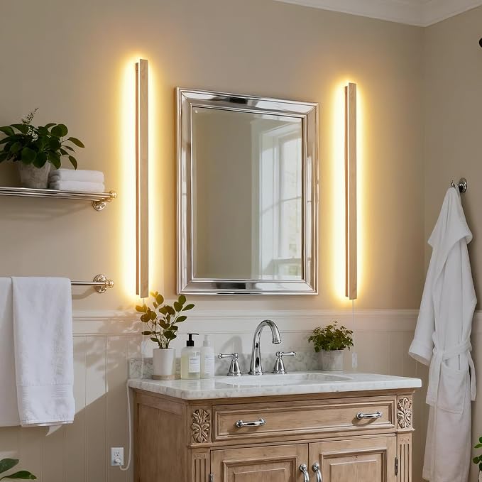 Modern Plug in Long Wall Sconce, 39.3" Faux Wood Texture Finish LED Wall Lights - Image 5