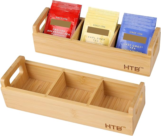 HTB Small Tea Bag Holder Pack of 2, Bamboo Tea Organizer 3 Compartments by HTB
