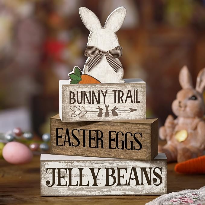 Lineshading 4 Pcs Easter Table Decoration Wooden Rabbit Easter Day Tiered Tray - Image 7