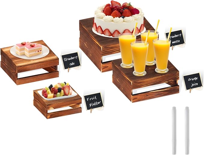4 Pcs Buffet Risers with Mini Signs, Rustic Wood Cake Stands, Food Risers by Cecnamt