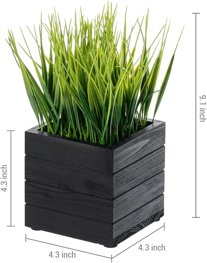 MyGift Artificial Green Grass Plants in Vintage Black Wood 4 Inch Planter Boxes - Image 5