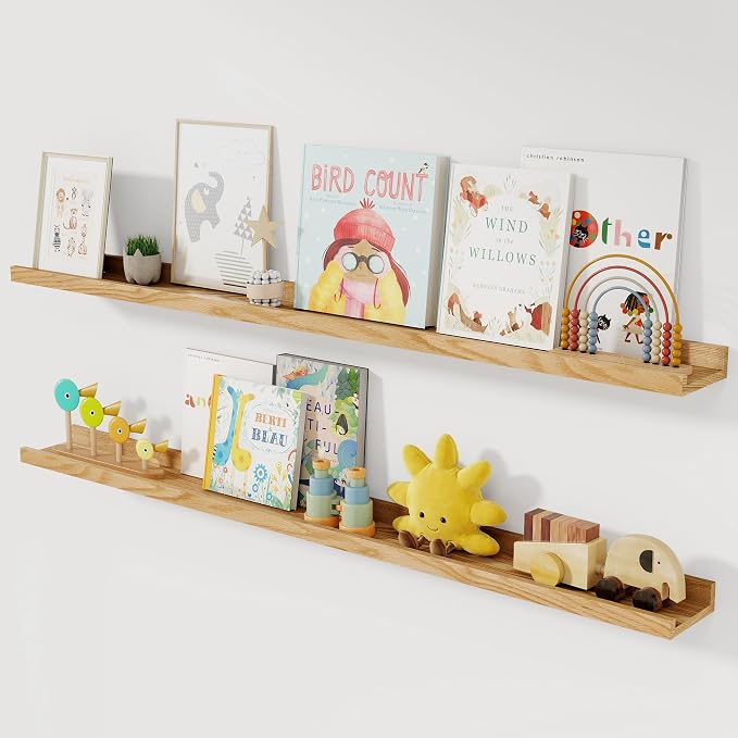 Acovy Solid Ash Wood Picture Ledge Shelf, Wood Floating Shelves Set of 2 by Acovy