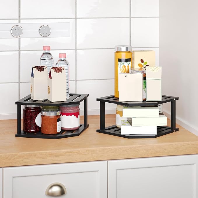 VERTORGAN Bamboo Corner Shelf, 2 Tier Plate Organizer - Image 2