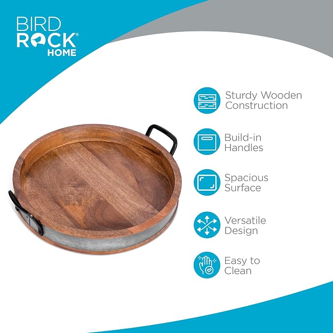 BIRDROCK HOME Large Round Wooden Serving Tray - Image 3