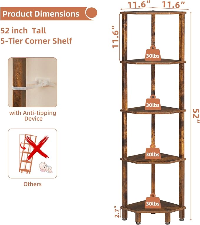 YUFAM 5-Tier Corner Shelf with Sturdy 5-Leg Base, Wooden Corner Bookshelf - Image 2