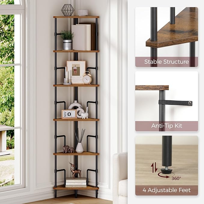 MAHANCRIS 65" Corner Shelf, 6-Tier Industrial Corner Bookshelf - Image 3
