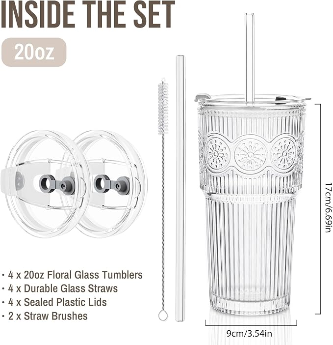 SoulTimes 20oz Ribbed & Floral Glass Tumbler Set of 4 – Reusable Glass Cups - Image 3