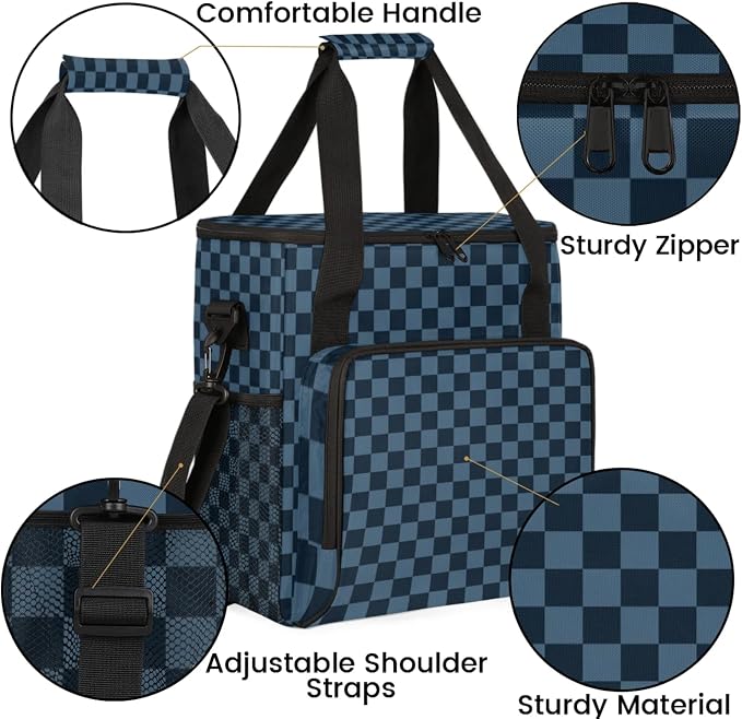 Checkerboard Dark Blue Coffee Maker Carrying Bag, Waterproof Insulated - Image 6