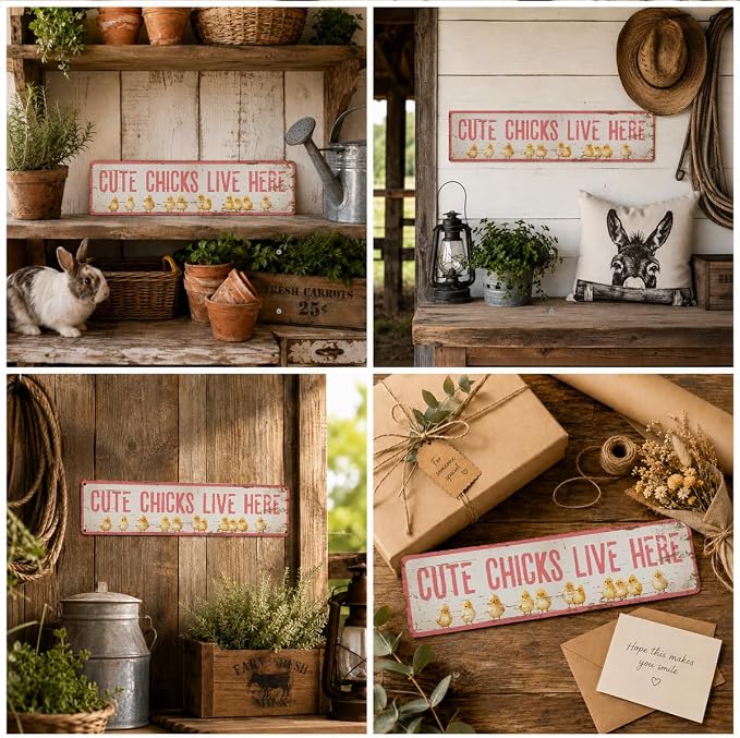Cute Chicks Live Here Sign, Chicken Coop Decor, Rusty Metal Tin Signs 15.8x4 - Image 6