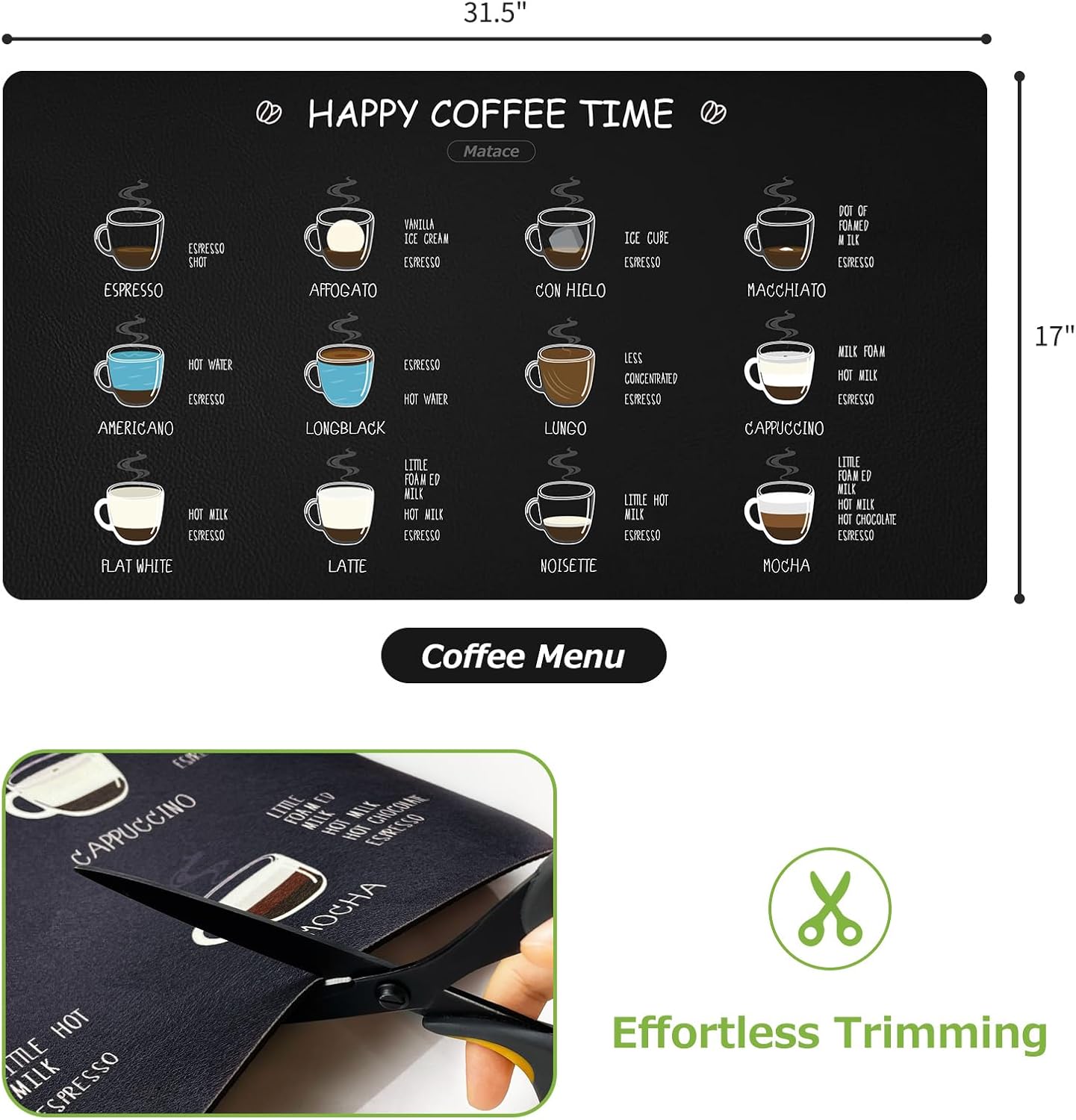 Matace Designer Coffee Bar Mat, Extra Large 17 x 31.5 Inches, Rubber Backing, Absorbent Coffee Maker Mats for Dish Drying, Kitchen Countertop, Coffee Flavor Menu, Black