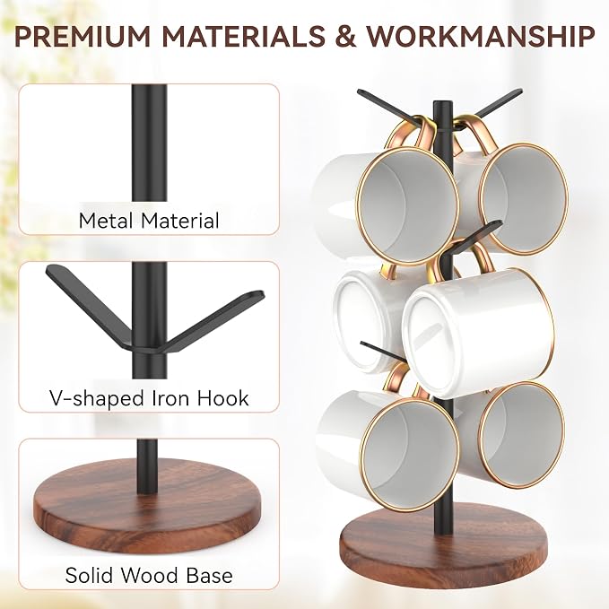 Coffee Mug Tree Holder Countertop, Non-Slip Walnut Wood Mug Rack - Image 3