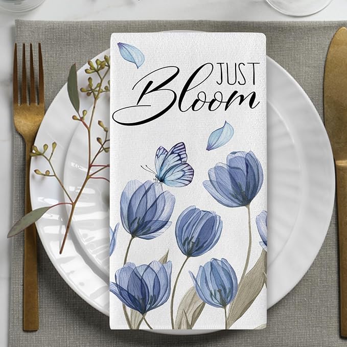 Spring Blue Tulip Flower Kitchen Dish Towels Set of 2, Just Bloom Floral - Image 5