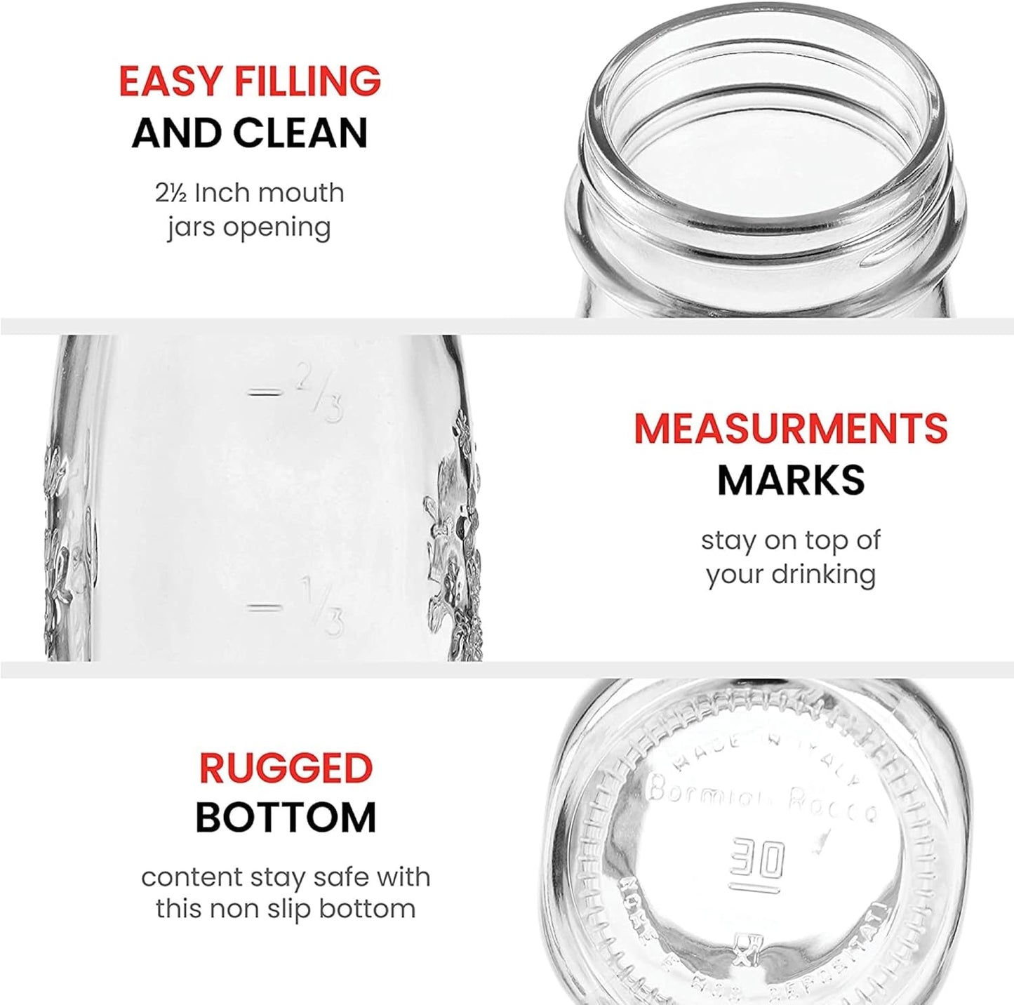 Bormioli Rocco Quattro Stagioni Small Bottles, Set of 6-6.75 Oz. Embossed Reusable Glass Jars with Airtight Lid, For Food Prep, Sauces, Gifts & Crafts - Round Bottle Containers, Made in Italy