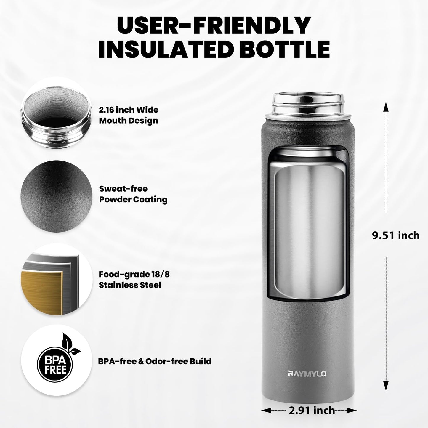 Insulated Water Bottle 20 oz, Triple Wall Vacuum Stainless Steel (Cold for 48 Hrs), Leak Proof & Non-BPA, Kids Water Bottle Jug for School with Straw Spout Lids, Dark Gray