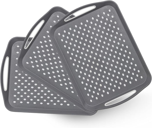 17.7" x 12.5" Anti-Slip Serving Trays with Handles, 3 Pcs X-Large Rectangular Food Serving Tray for Lap, Reusable and Durable, Grey