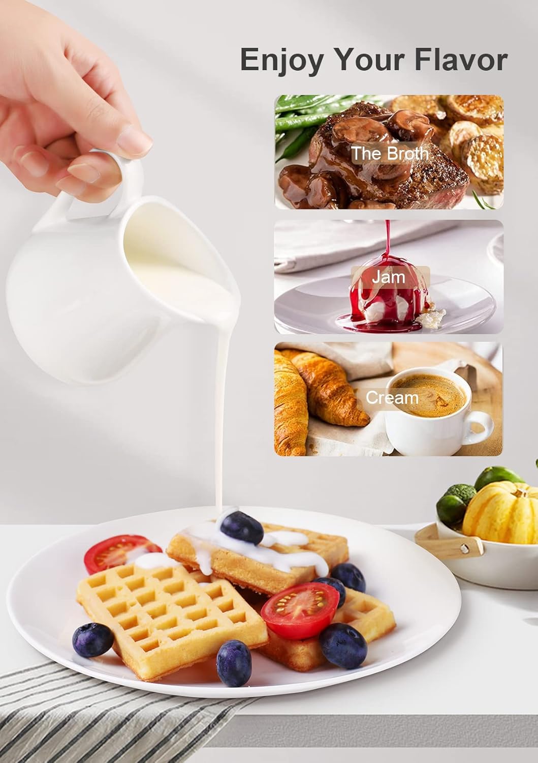Nucookery Ceramic 4 Oz Creamer Pitcher Set, 2 Pack Creamer Container, White Small Milk Pitcher Container Cups with Handle For Sauces Salad Coffee Milk, Microwave & Freezer Safe, Set of 2