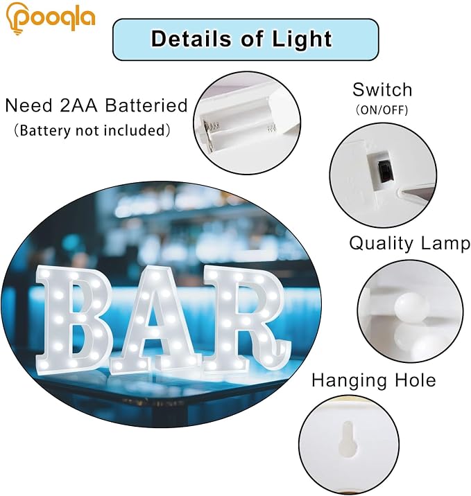 Pooqla BAR Sign for Home Bar Decor, Cool White LED Light Up Bar Sign | BAR - Image 2