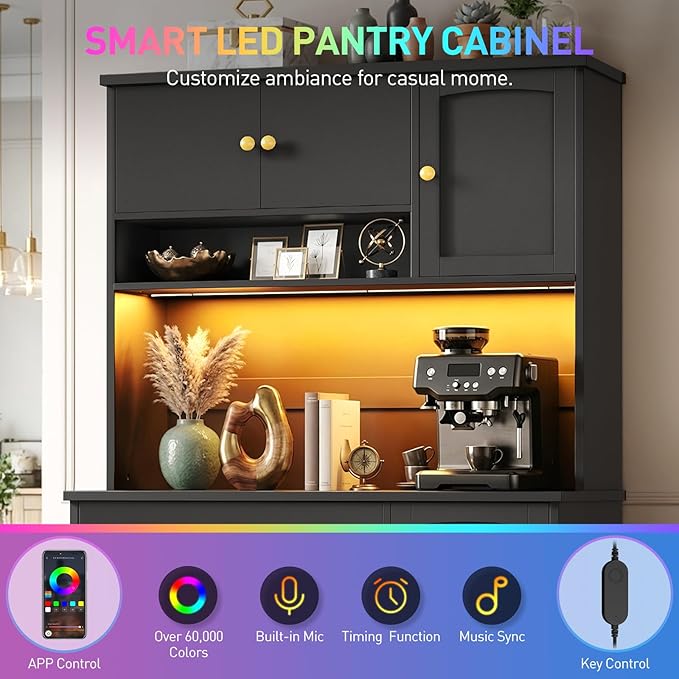 RALGEND Pantry Cabinet with Charging Station and LED Light, Kitchen Hutch - Image 5