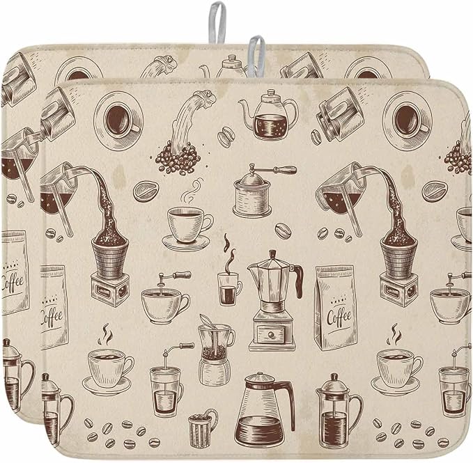 Coffee Dish Drying Mat 16x18 inch Vintage Coffee Beans Brewing Equipment Linen by Unknown