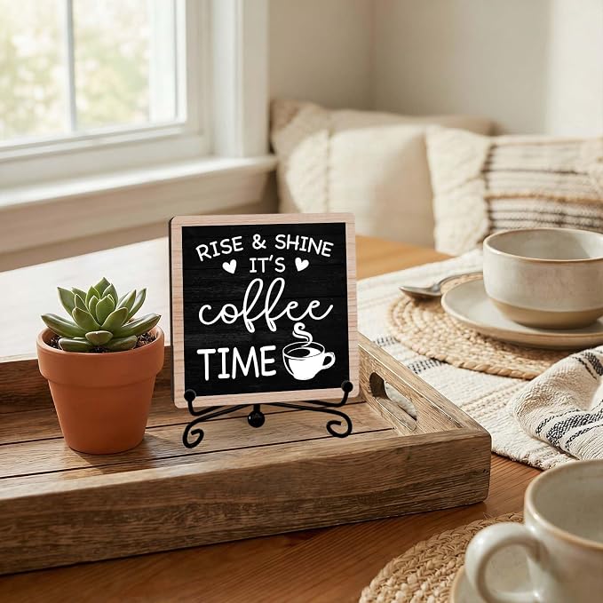 Rustic Coffee Bar Decor, Rise & Shine It's Coffee Time Wood Plaque - Image 4