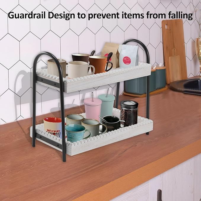 2 Tier Coffee Bar Organizer, Wood Coffee Bar Accessories Shelf - Image 5