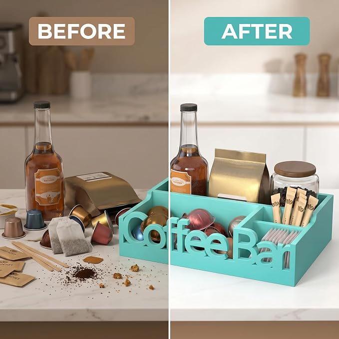 Coffee Bar Organizer Countertop, Wood Coffee Pod Holder & Condiment Caddy | - Image 7