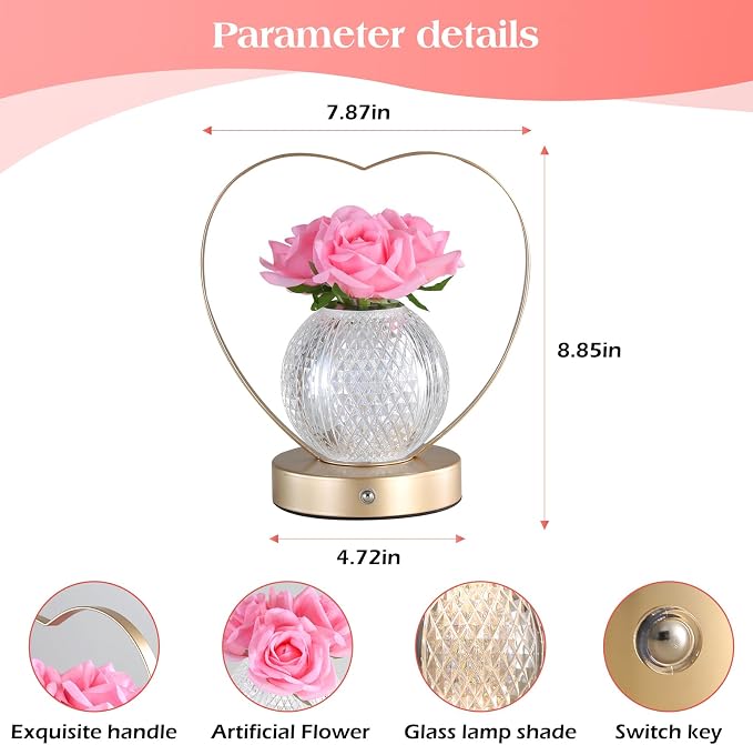 AMWGIMI Women Gifts Rose Flower Lamp, Rechargeable Cordless LED Touch Lamp | - Image 5