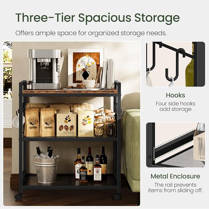 CHOEZON 3-Tier Rolling Bar Cart, Vintage Metal Kitchen Cart - Image 7