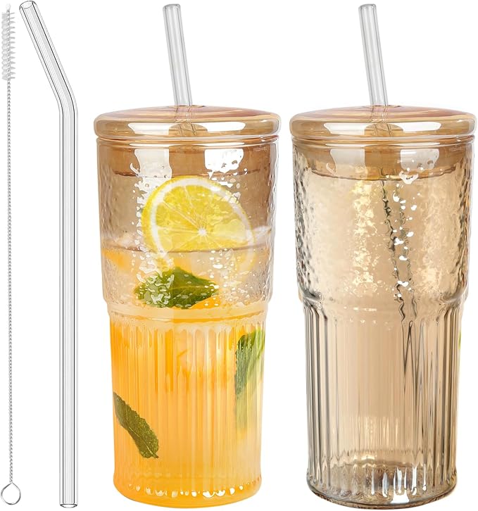 JunVpic Glass Cups with Lids and Straws, Amber 20 OZ Iced Water Glasses Tumblers by Junvpic