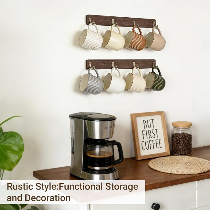 Mkono Coffee Mug Holder Wall Mounted Rustic Coffee Mug Rack - Image 3