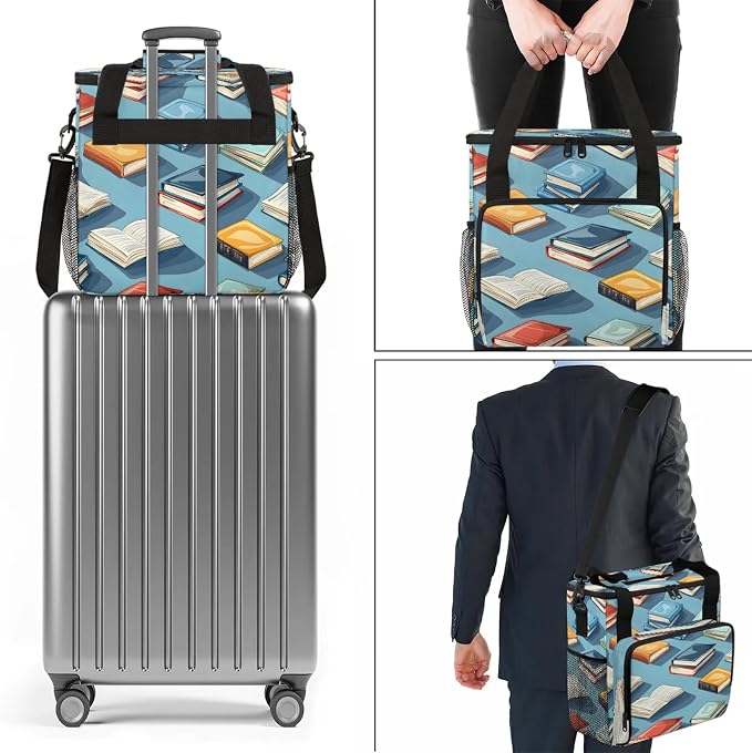 Books Pattern Coffee Maker Carring Bag, Large Insulated Storage Organizer Case - Image 7